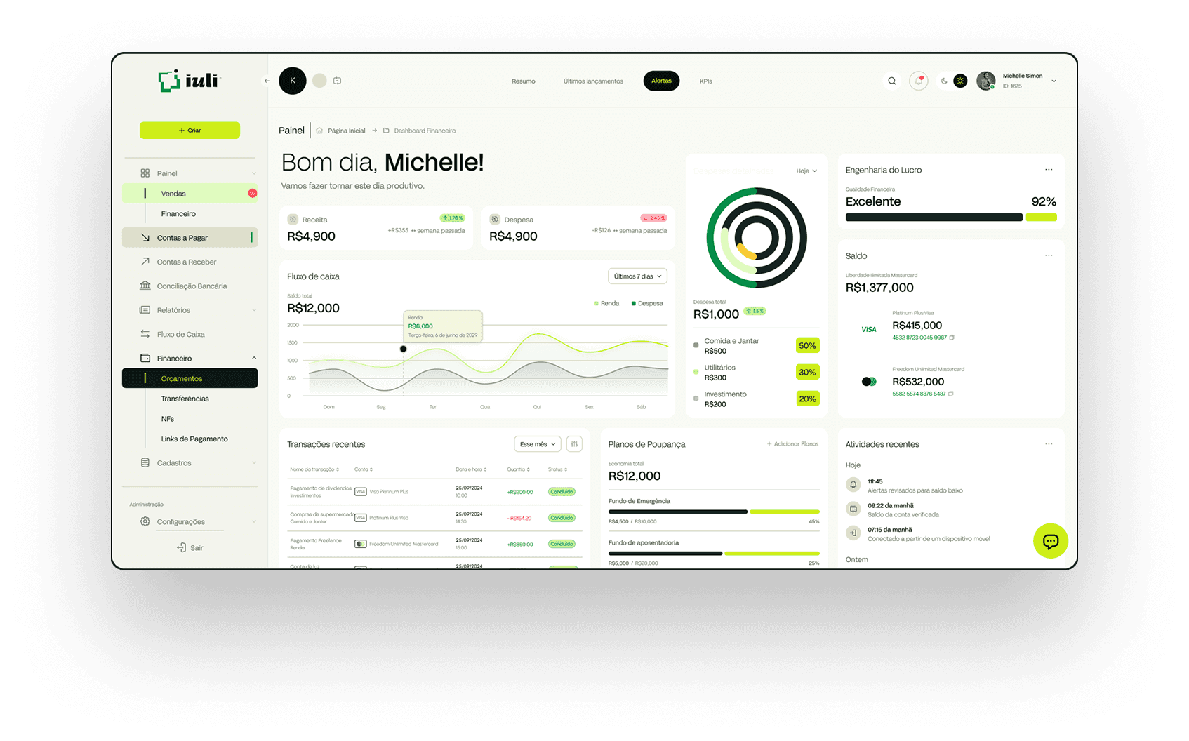 Dashboard do sistema IULI mostrando gráficos financeiros e métricas em tempo real